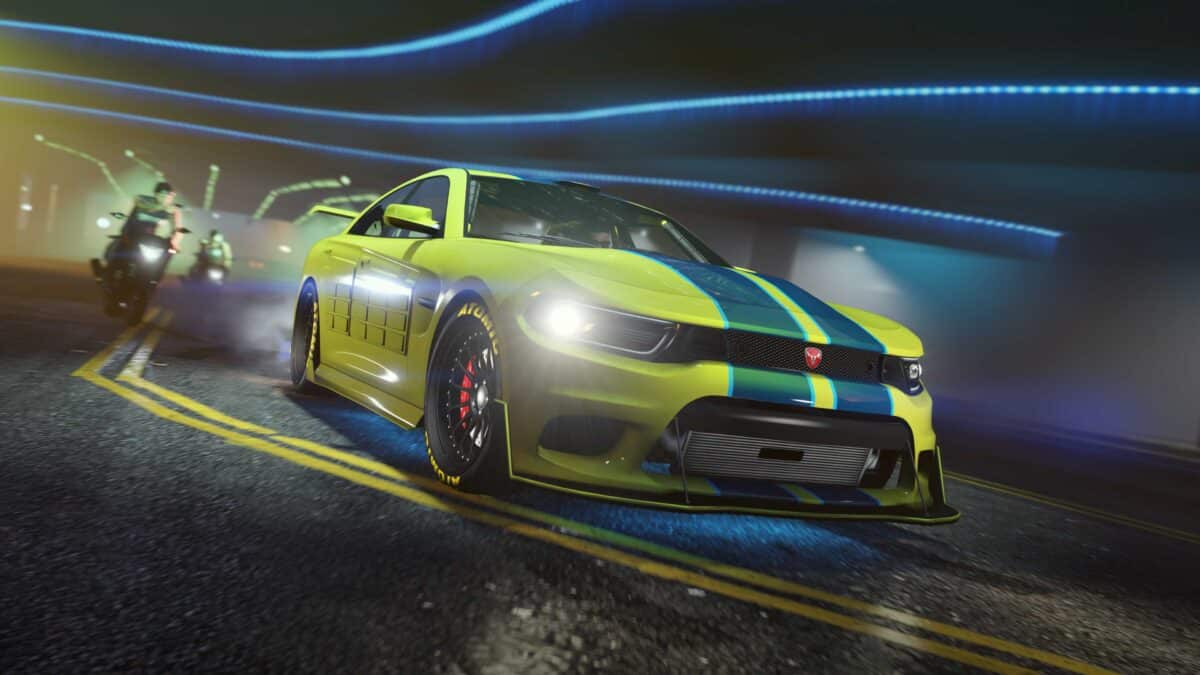 A picture of the Bravado Buffalo STX, one of the original Imani Tech vehicles in GTA Online.