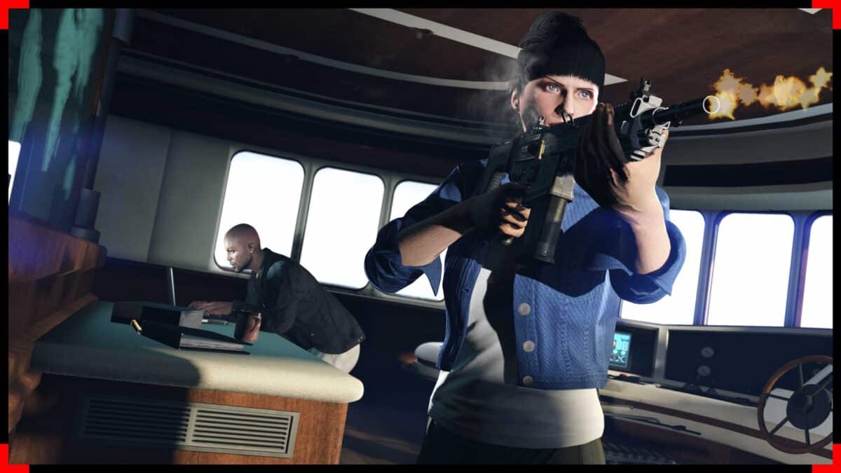 Image of player firing a weapon while another leans over the Kosatka submarine planning table in GTA Online.