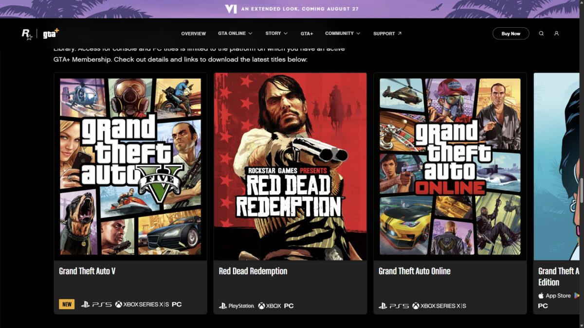 Screenshot of the current GTA+ Games Library webpage.
