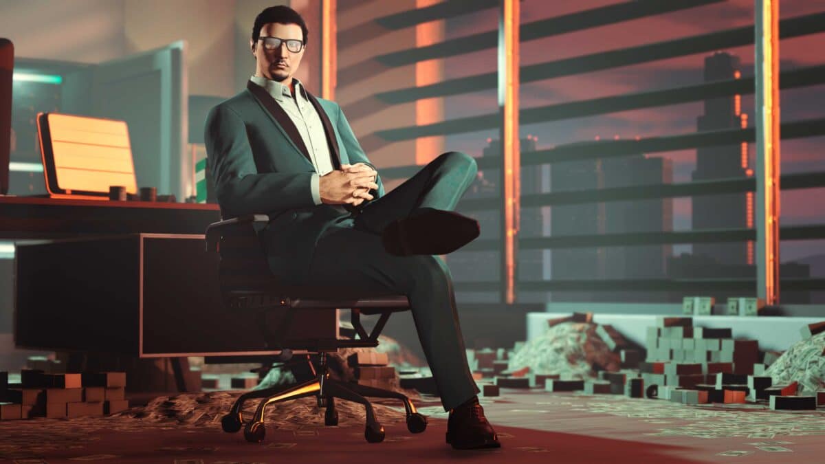 Promotional art of a man sitting in a business chair surrounded by loads of money in GTA Online.