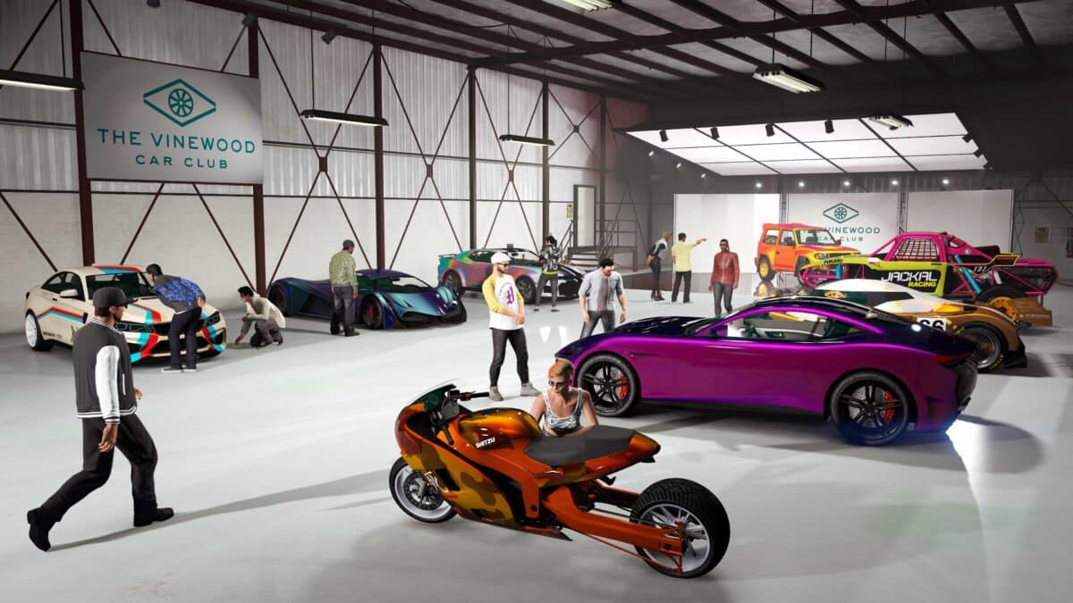 Screenshot of the Vinewood Car Club in GTA Online, a feature available exclusively to GTA Plus members.