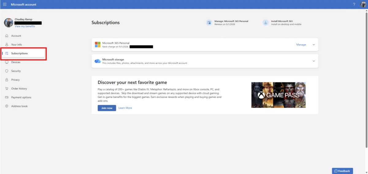 Screenshot of the Microsoft account page highlighting the subscriptions section where the reader can cancel GTA+.