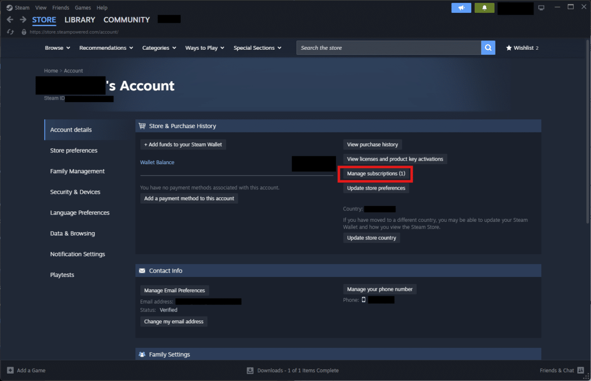 Screenshot of Steam Account page with the Manage subscriptions menu highlighted.