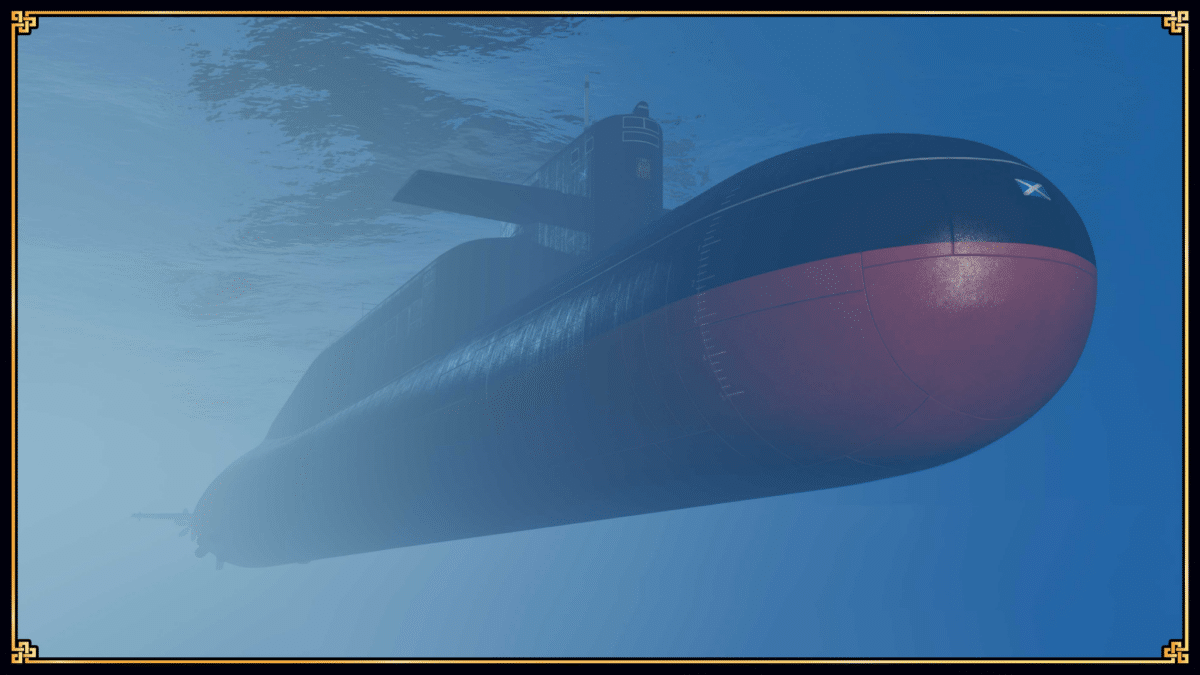 Image of the Kosatka submarine, available from the Warstock Cache & Carry in GTA Online.