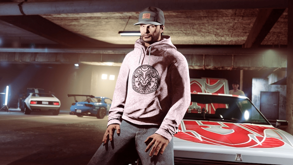 In-game image of a character sitting on the bumper of their car in the LS Car Meet in GTA Online.