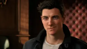 A close-up screenshot of a male character from 007 First Light, wearing a black leather jacket.