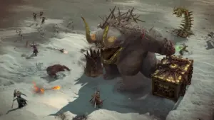 A gameplay screenshot from Diablo IV showing characters fighting a large, horned monster in a snowy landscape.