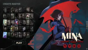 A character selection screen from Deadlock featuring the hero Mina with a red umbrella.