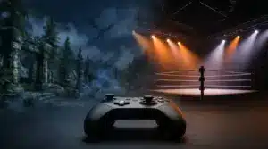 Game controller with a fantasy dragon world and illuminated wrestling arena behind it