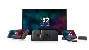 A product render of the Nintendo Switch 2 console, dock, and controllers against a white background.