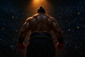 Anonymous wrestler-style fighter silhouetted in an arena spotlight, in the style of 2XKO's final champion Sett