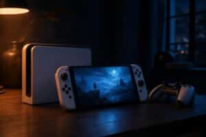 A hybrid handheld game console and controller on a desk lit by a warm lamp at night, illustrating the Nintendo Switch 2 jailbreak story