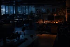 An empty game studio office at night with glowing amber monitors, representing the Capcom ID data breach