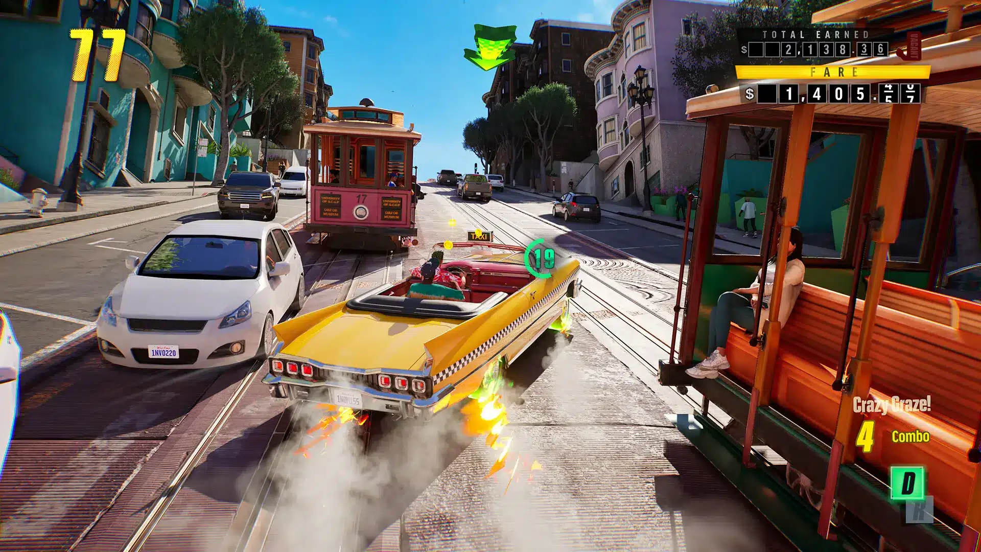 Gameplay from Crazy Taxi: World Tour showing a yellow taxi cab speeding through a city street with fire effects.