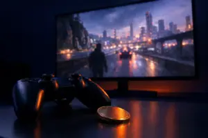 Dark gaming setup with blurred unreleased game footage, controller and orange-lit token symbolising a leak-linked crypto threat