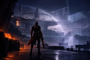Anonymous sci-fi shooter character in an unfinished game environment symbolizing an uncertain release window