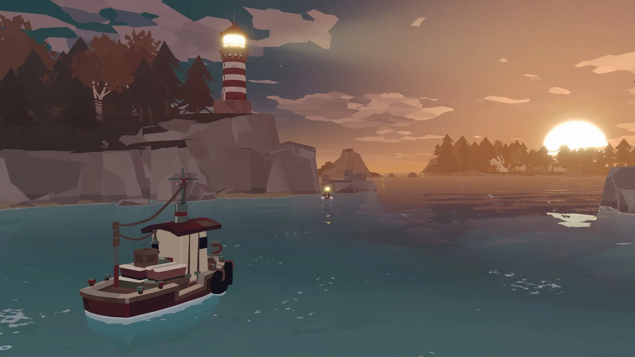 A small fishing boat on the water near a red and white striped lighthouse at sunset in Dredge.