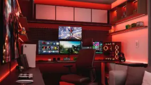 A modern gaming room with multiple monitors, a gaming chair, and a PlayStation 5 console under red LED lighting.
