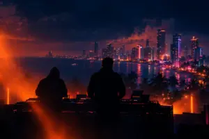 Silhouetted electronic musicians perform against a neon coastal city at night for a crime game trailer soundtrack.