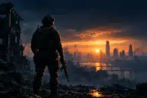 Anonymous tactical operator in an orange-lit urban battlefield at dawn for a Modern Warfare 4 Season 1 news story