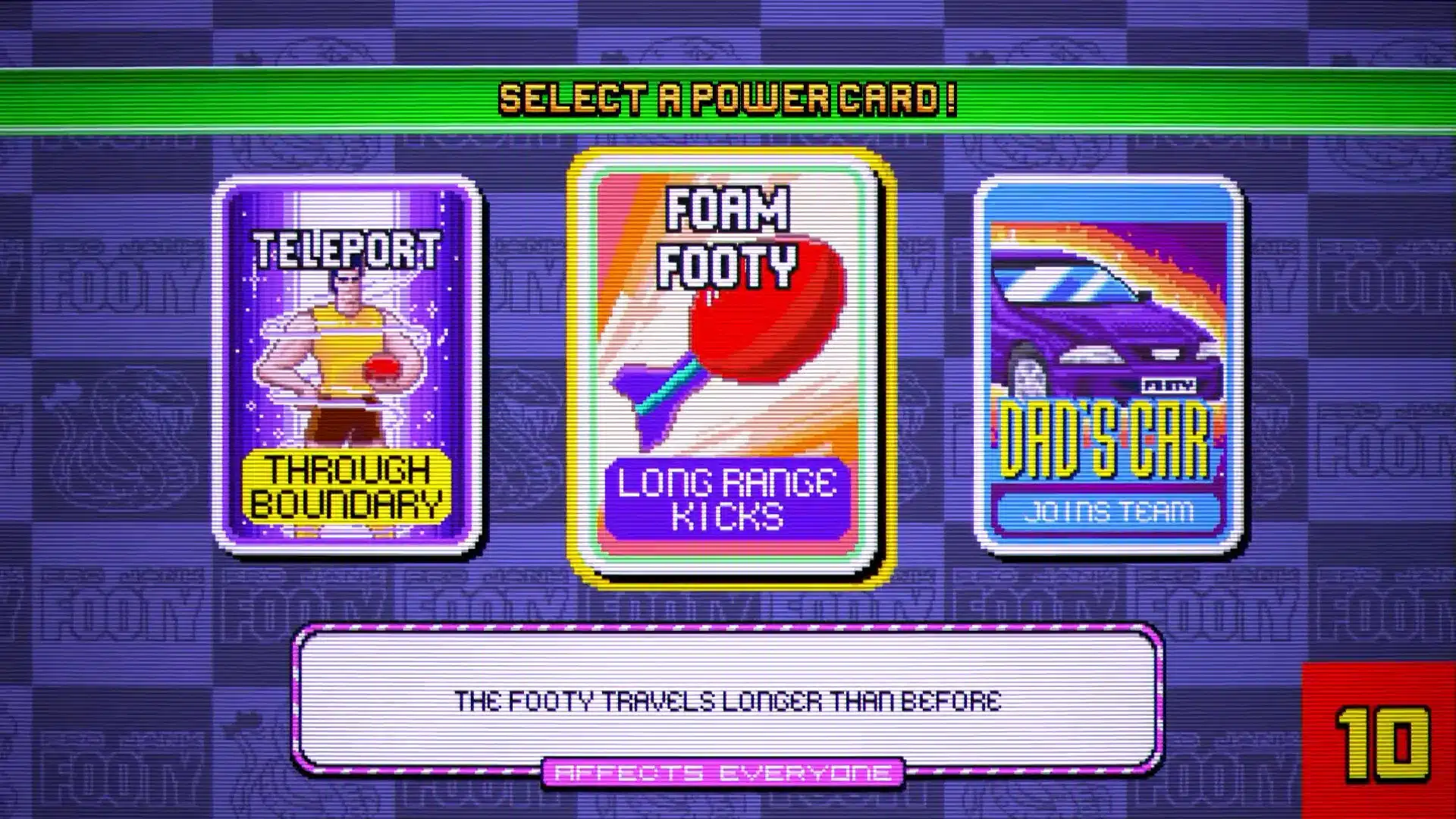 Gameplay screen from Pro Jank Footy showing three selectable power cards: Teleport, Foam Footy, and Dad's Car.