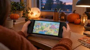 Handheld console beside pumpkin decorations and furniture for a Halloween-themed town-building game event.