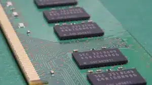 Close-up of memory chips on a green printed circuit board