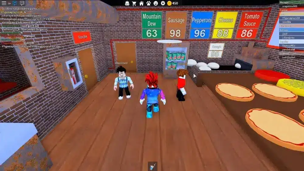 A gameplay screenshot of Roblox featuring blocky avatars in a pizzeria setting.