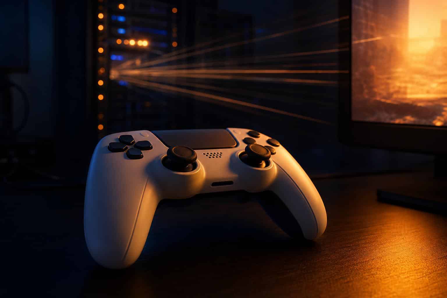 A game controller on a dark desk beside a glowing screen, representing Xbox cloud gaming streaming
