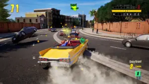 Gameplay screenshot of Crazy Taxi showing a yellow taxi driving through a city street with on-screen HUD elements.