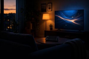 Handheld gaming console on a table beside a glowing television at dusk, representing the Nintendo Indie World Showcase stream