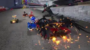 Gameplay screenshot from Sonic Racing: CrossWorlds featuring Sonic and other characters racing karts on a dirt track.