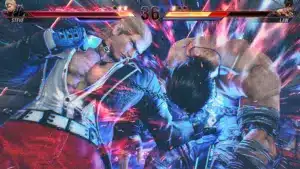 Gameplay screenshot from Tekken 8 showing Steve and Law fighting.