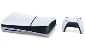 A PlayStation 5 console and DualSense wireless controller on a white background.