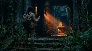 Silhouetted young explorer discovers a relic in an ancient temple, evoking rumours of a new Uncharted adventure.