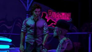 A scene from The Wolf Among Us Remastered showing Bigby Wolf in Fabletown