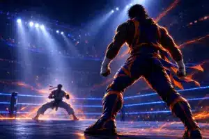 Stylized wrestling and martial arts fighters face off in a navy and orange arena for WWE 2K26 DLC