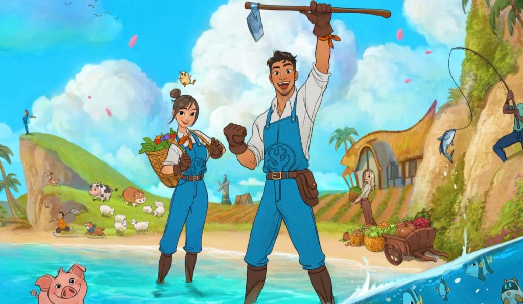 humble games coral island key art two farmers cheering / southeast asia environmental games