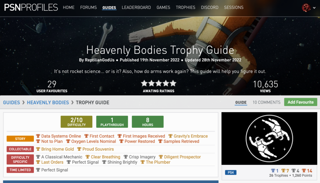 PSN Profiles website - Heavenly Bodies Trophy achievement Guide