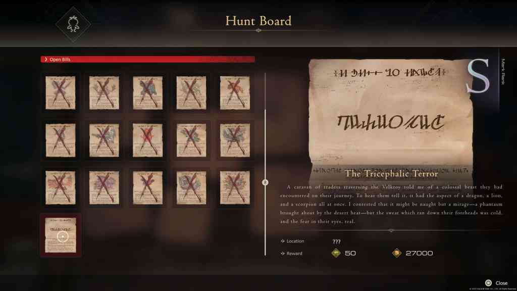 Final Fantasy 16 FF16 description of the Hunt Board Bounty, 'The Tricephalic Terror'