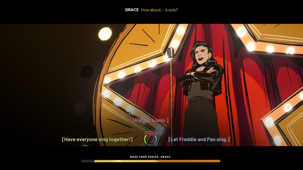 Grace, the protagonist of Stray Gods is visible and is mid-song. Behind her is a large, star-shape with Hollywood mirror style lights. There is a theatrical style red curtain visible behind this star shape. At the top of the screen, subtitles are visible for Grace. The text is italicized and reads: “How about…a solo?”. At the bottom of the screen is a work in progress dialogue wheel, with three options. To the left it reads ‘Let Freddie and Pan sing.’ To the right it reads ‘Have everyone sing together!’ The top reads ‘Rip out a solo.’