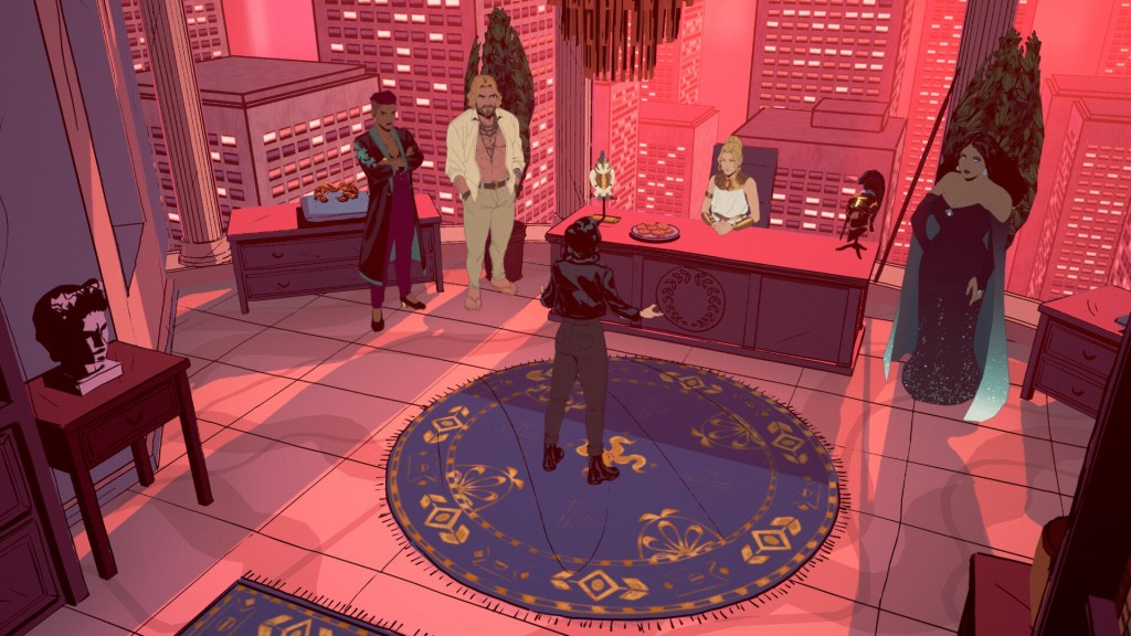 Grace, the protagonist of Stray Gods is standing in the centre of what looks to be a high-rise office building. To her left is Persephone, with dark red hair and her arms folded across her chest. She’s in mostly red clothing, with a black cloak. To Persephones’ right is Apollo, blond-haired, wearing a shirt that exposes his chest. He’s in light colored pants and has his hands in his pocket. At the desk is Athena, wearing a white robe, with blonde hair. To her right is Aphrodite, in a blue/black sparkly gown. There are some pieces of what appear to be pieces of Greek decor around the room.