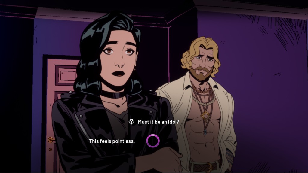 Grace is facing the camera, with Apollo to her right. Two dialogue options are available. At the top, one with a question mark reads “Must it be an Idol?” and to the left it reads “This feels pointless.”
