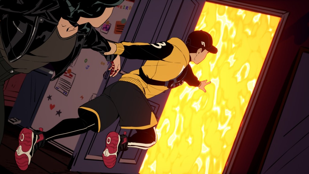 Grace, the protagonist of the video game Stray Gods, is being pulled by the wrist through a doorway made entirely of yellow light by a person in sportswear and a cap. The doorway looks to lead outside an apartment. A fridge is visible to the left with some fridge magnets, as well as a bundle of random letters, a polaroid and some papers. Both peoples faces cannot be seen. The person in sportswear is wearing a combination of yellow and black, with a hoodie, shorts, leggings, and a black cap. They have red shoes on and a black small sportsbag wrapped tightly around their chest.