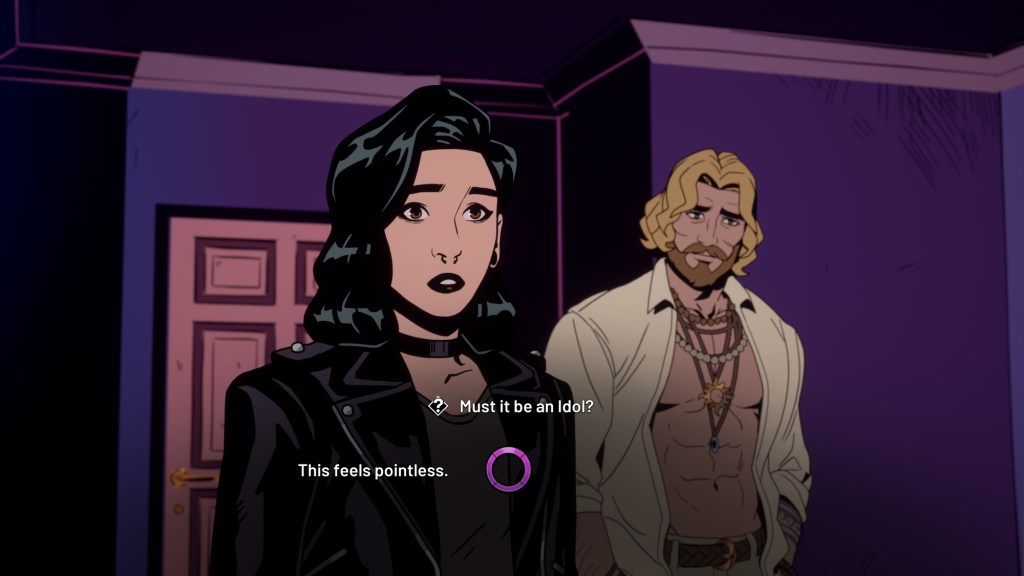 Grace, the protagonist of Stray Gods, is facing the camera, with Apollo to her right. Two dialogue options are available. At the top, one with a question mark reads “Must it be an Idol?” and to the left it reads “This feels pointless.”