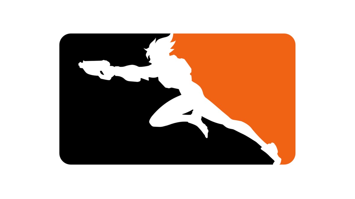 Overwatch League Logo - A silhouette of the Overwatch hero Tracer runs to the left with her blasters out, flanked by blocks of colour, black and orange.