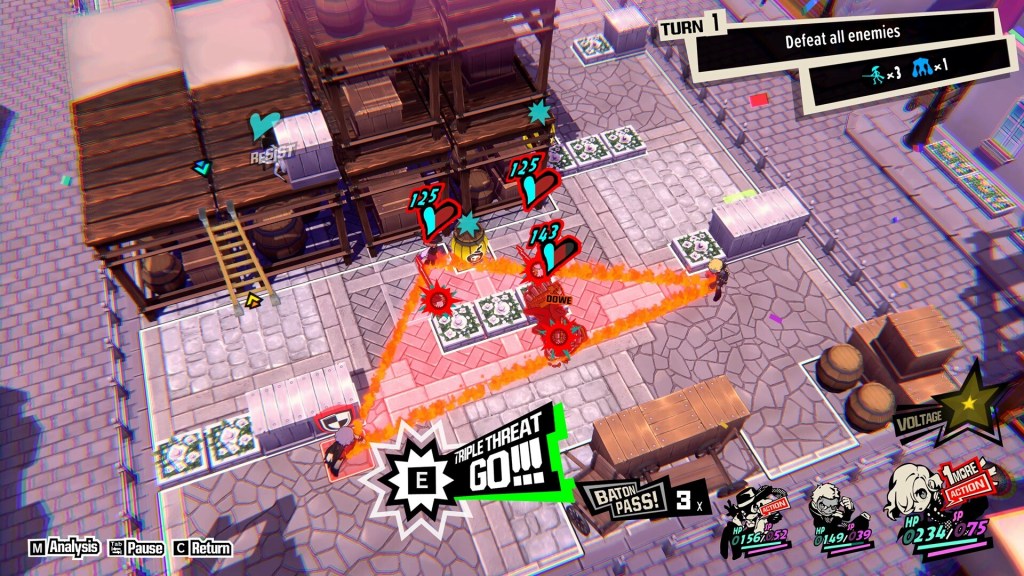 Persona 5 Tactica screenshot - A triangle of flames indicates than an all-out attack is possible