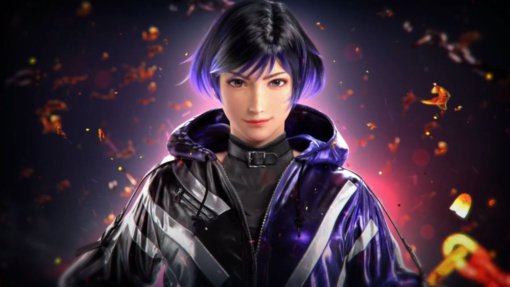 Tekken 8 character - Reina - A young Japanese girl with a short black bob and purple tips wears a black and purple rain jecket.