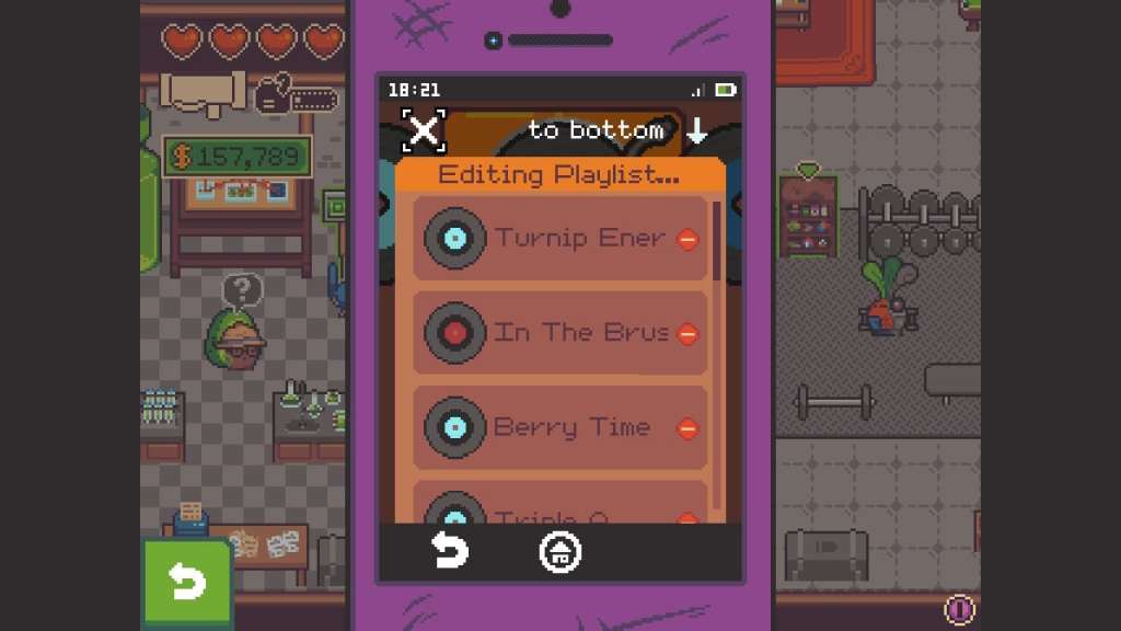 Screenshot of Turnip Boy Robs A Bank, featuring a screen where you can customise the music.