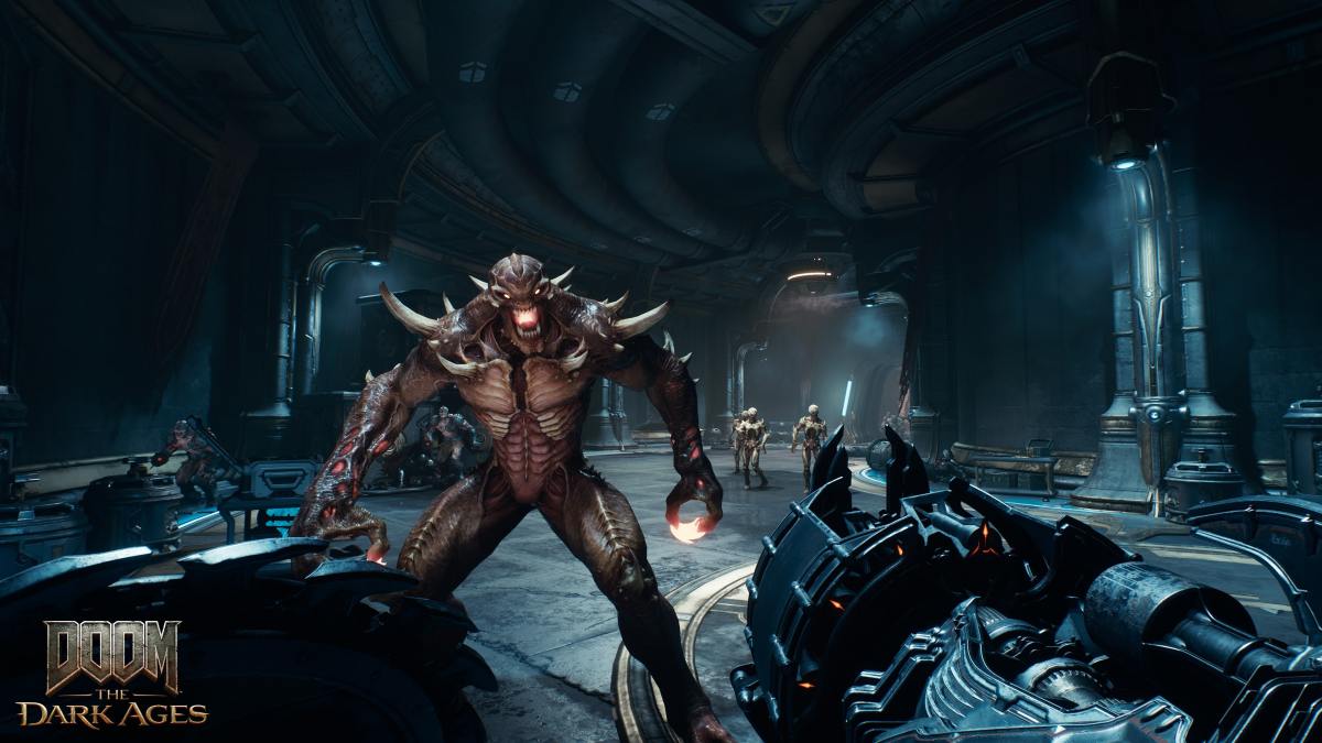 A demon from Doom: The Dark Age is approaching in a futuristic room. (Xbox)